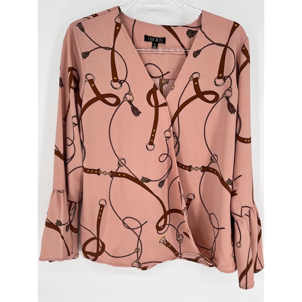 IMAN Wrap Blouse Women Medium Pink Belt Tassel Print Bell Sleeve Equestrian